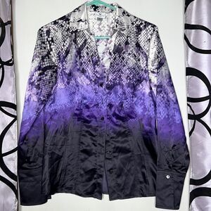 WORTHINGTON STRETCH Y NECK LONG SLEEVE BLOUSE PURPLE/ WHITE WOMENS SMALL